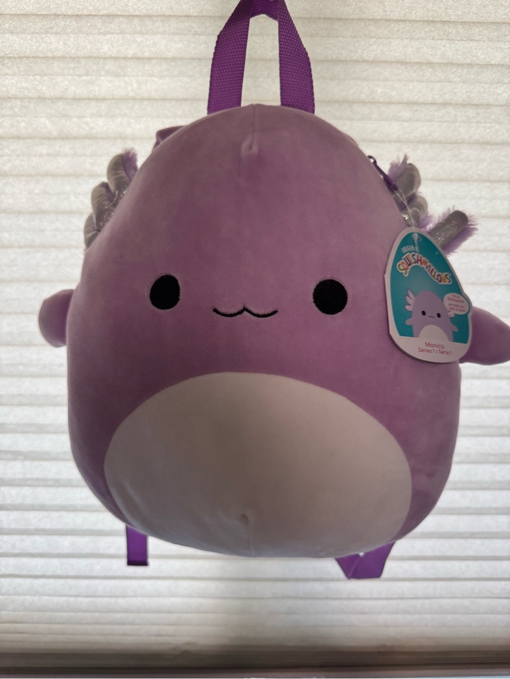 Squishmallows Purple Monica Plush Backpack with White Belly